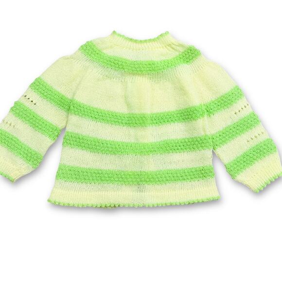 Vintage Handmade Pointelle Knit Mint Butter Yellow Stripe Cardigan Sweater 12-24 - Picture 5 of 5